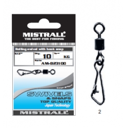 Griezulis ar karabīnu Mistrall - Rolling Swivel with Hook Snap (#2, 34 kg, 10 gab.), AM-8231002